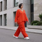 Ballonhose Hellrot fliessend im Lagenlook locker Oversize mit Leinenoptik Crashstruktur