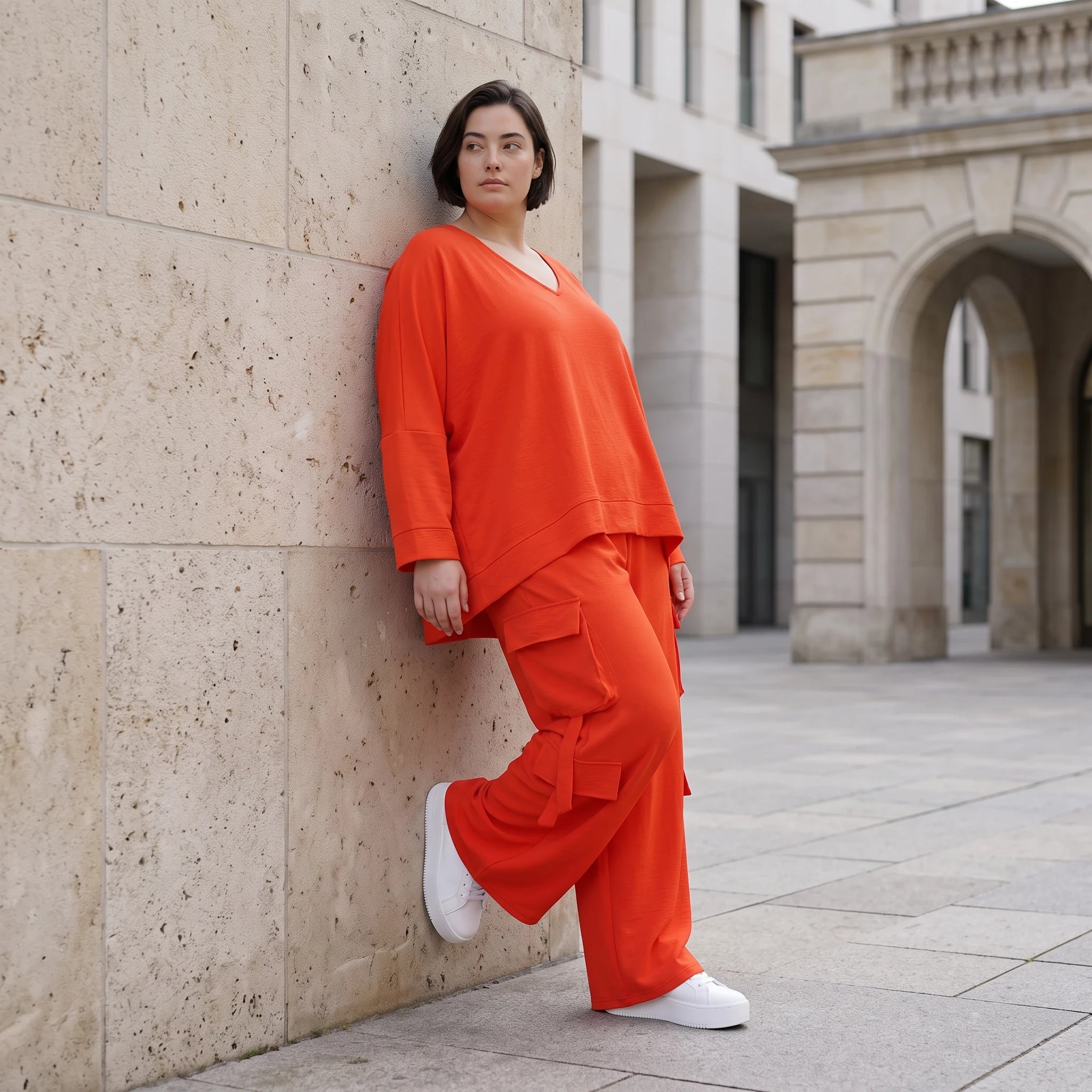 Ballonhose Hellrot fliessend im Lagenlook locker Oversize mit Leinenoptik Crashstruktur