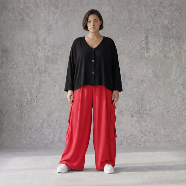 Fuchsia Ballonhose im Lagenlook Oversize leger ausgefallen mit Fransen Flügeltaschen cool