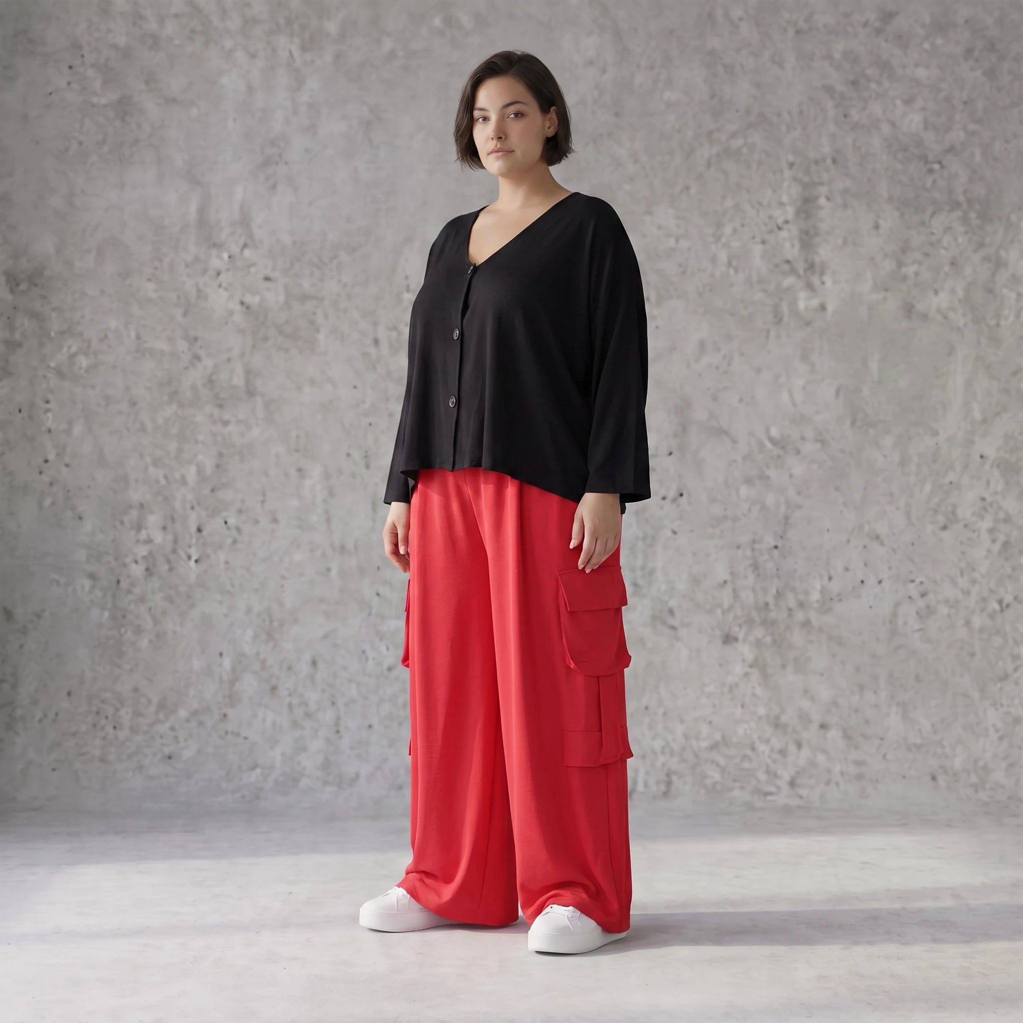 Fuchsia Ballonhose im Lagenlook Oversize leger ausgefallen mit Fransen Flügeltaschen cool