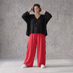 Fuchsia Ballonhose im Lagenlook Oversize leger ausgefallen mit Fransen Flügeltaschen cool