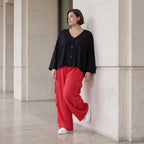 Fuchsia Ballonhose im Lagenlook Oversize leger ausgefallen mit Fransen Flügeltaschen cool