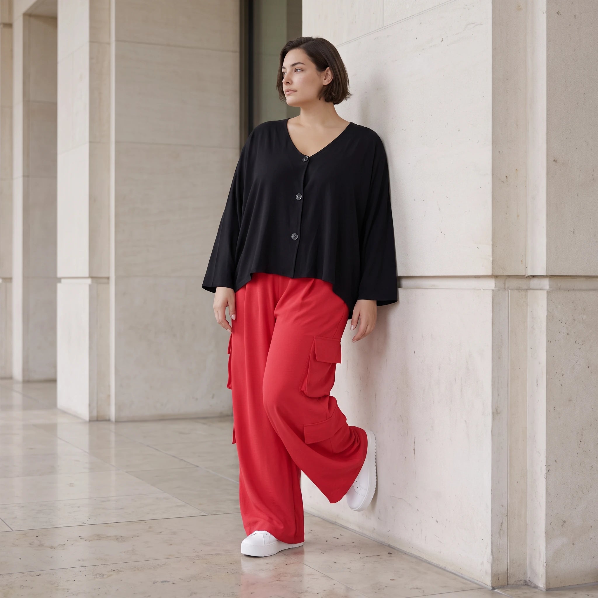 Fuchsia Ballonhose im Lagenlook Oversize leger ausgefallen mit Fransen Flügeltaschen cool