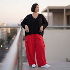 Fuchsia Ballonhose im Lagenlook Oversize leger ausgefallen mit Fransen Flügeltaschen cool