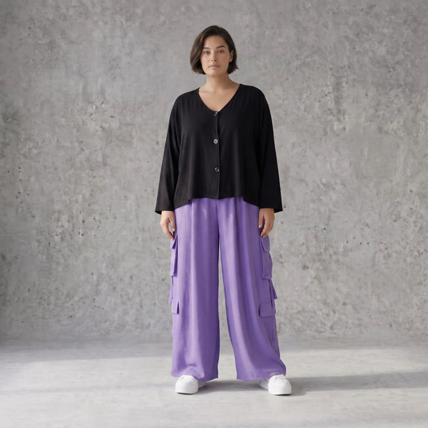 Flieder Ballonhose im Lagenlook Oversize leger zeitlos mit Leinenmix Knitteroptik leicht