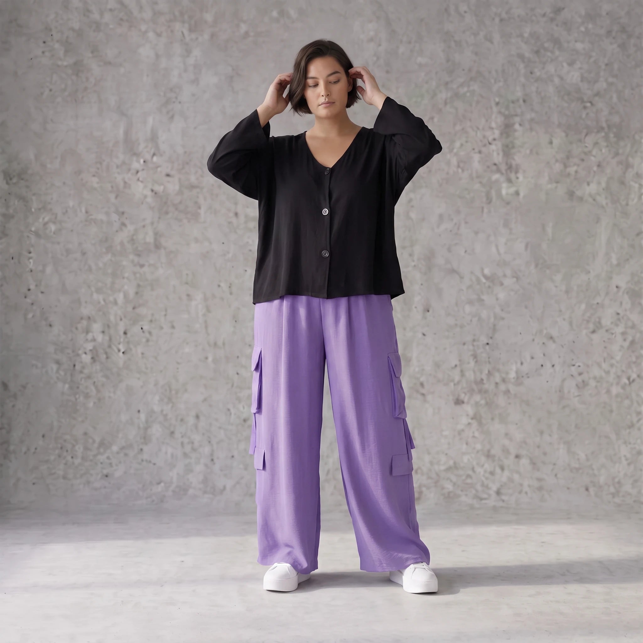 Flieder Ballonhose im Lagenlook Oversize leger zeitlos mit Leinenmix Knitteroptik leicht