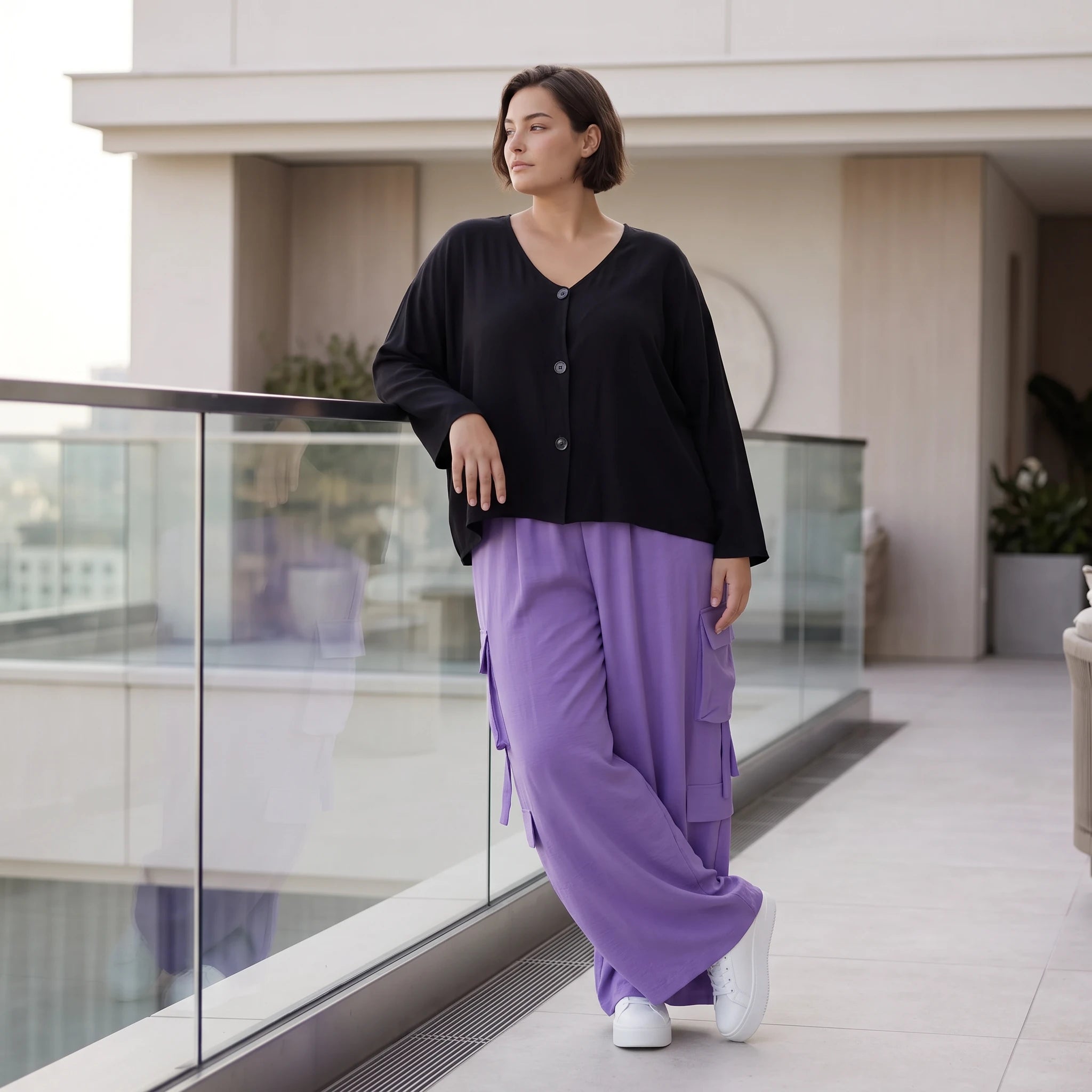 Flieder Ballonhose im Lagenlook Oversize leger zeitlos mit Leinenmix Knitteroptik leicht