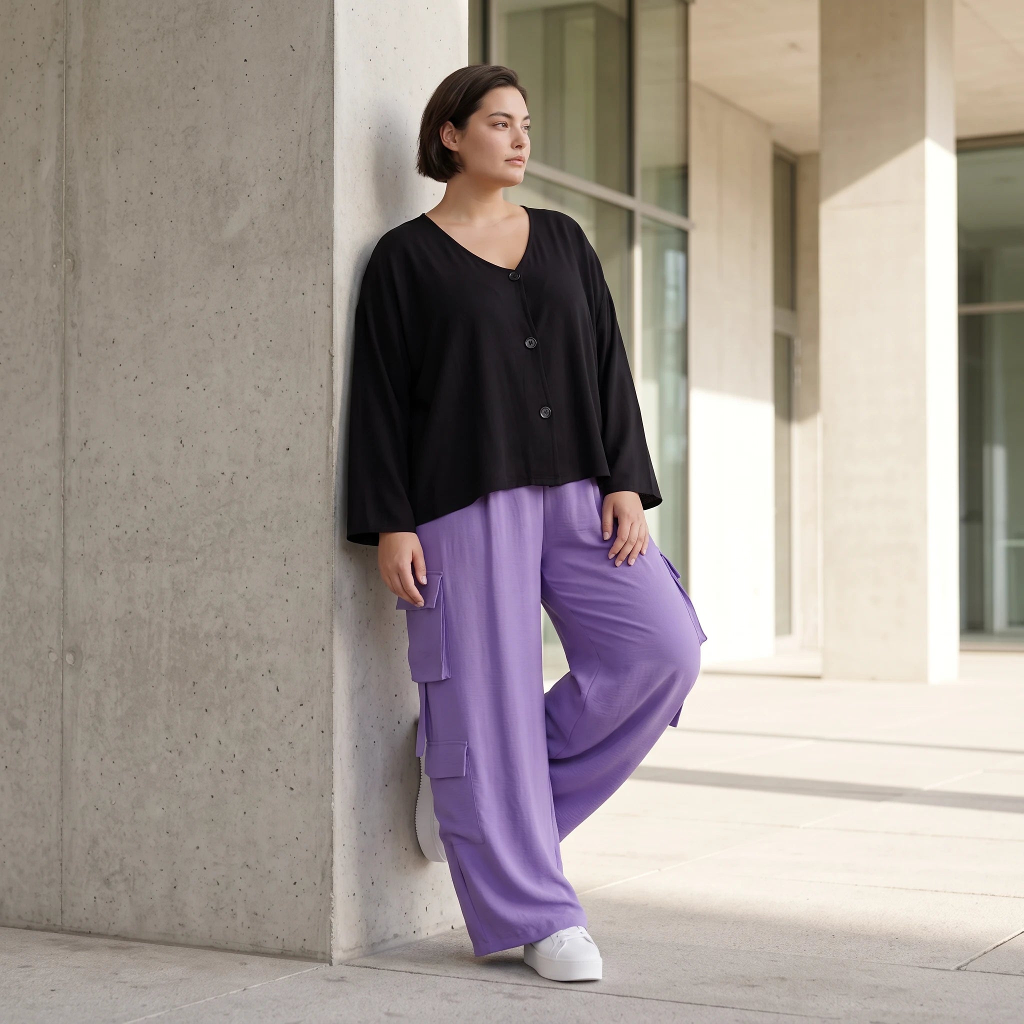 Flieder Ballonhose im Lagenlook Oversize leger zeitlos mit Leinenmix Knitteroptik leicht