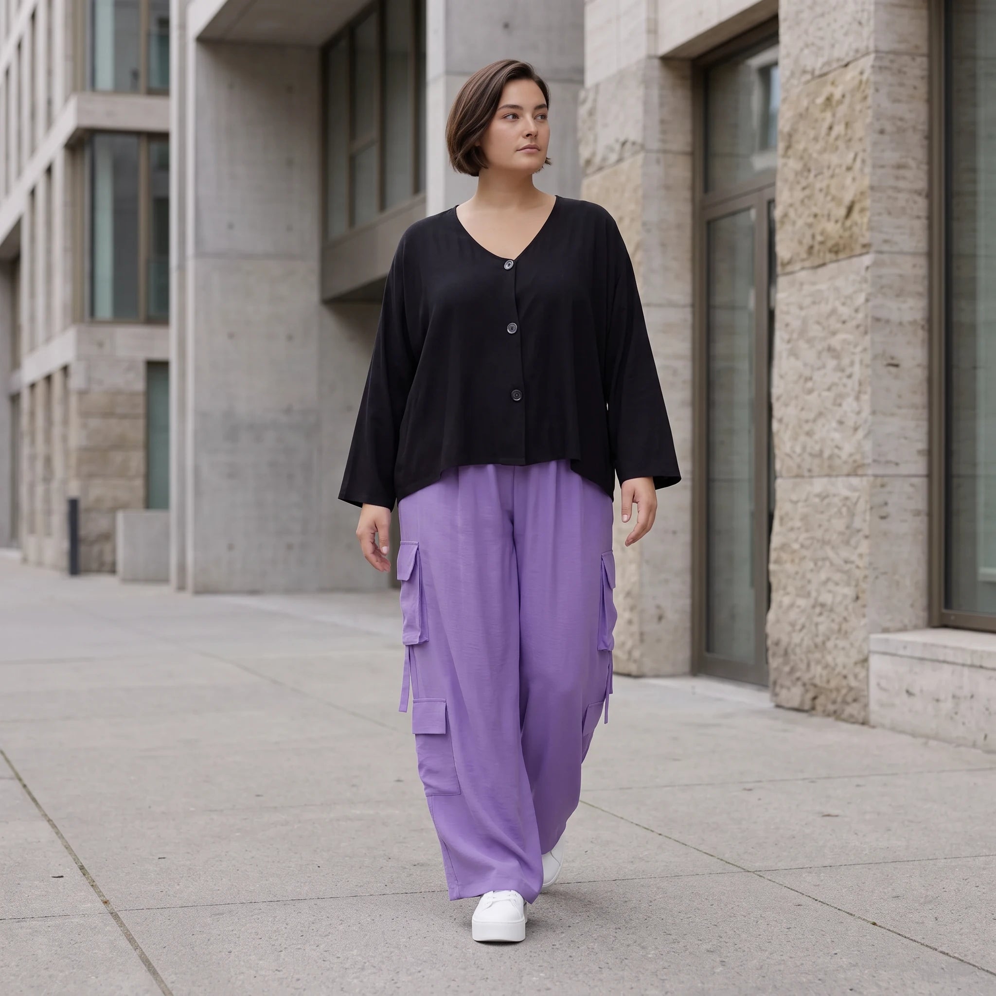 Flieder Ballonhose im Lagenlook Oversize leger zeitlos mit Leinenmix Knitteroptik leicht