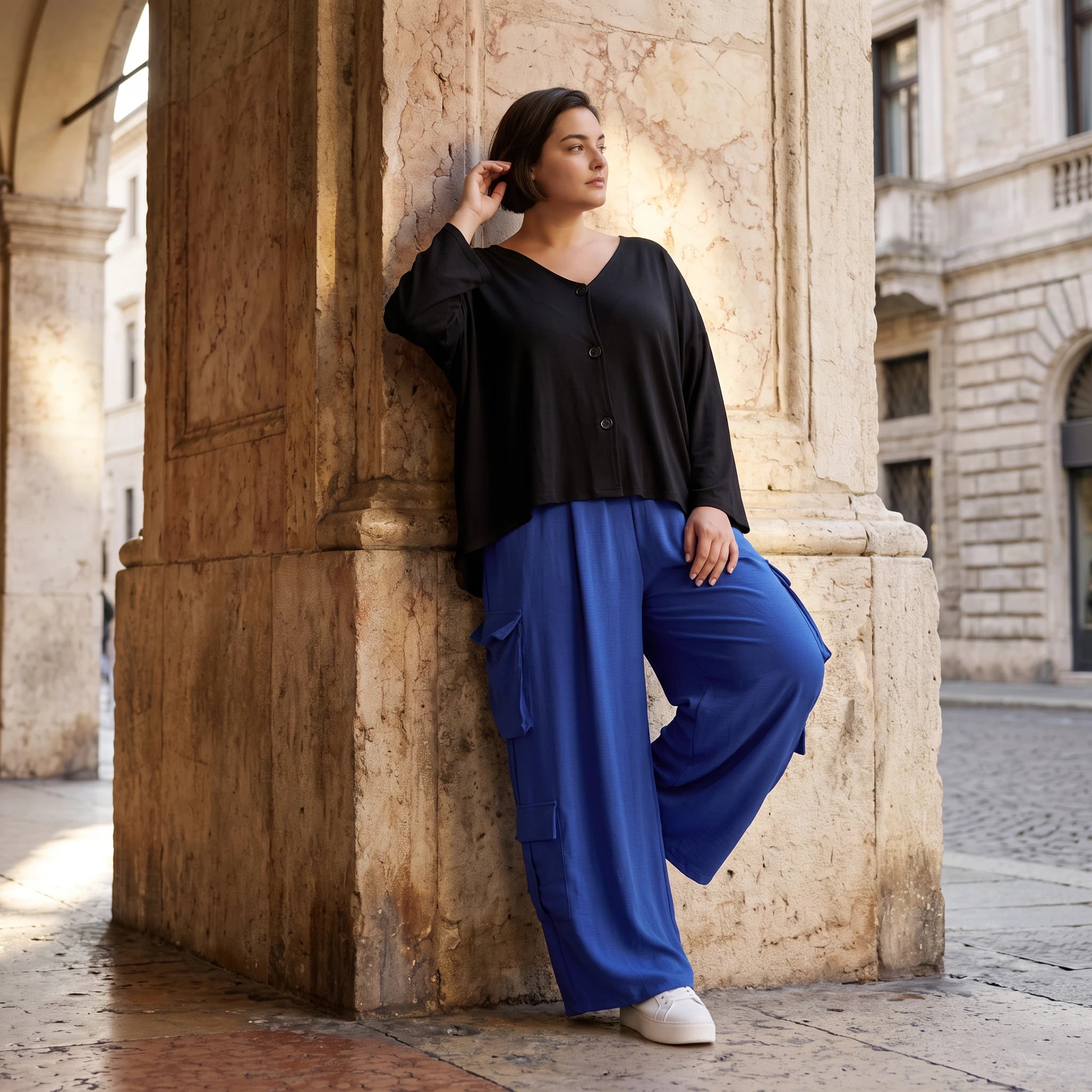 Fliessende Lagenlook Ballonhose in Royalblau leger Oversize ausgefallen zeitlos soft sehr