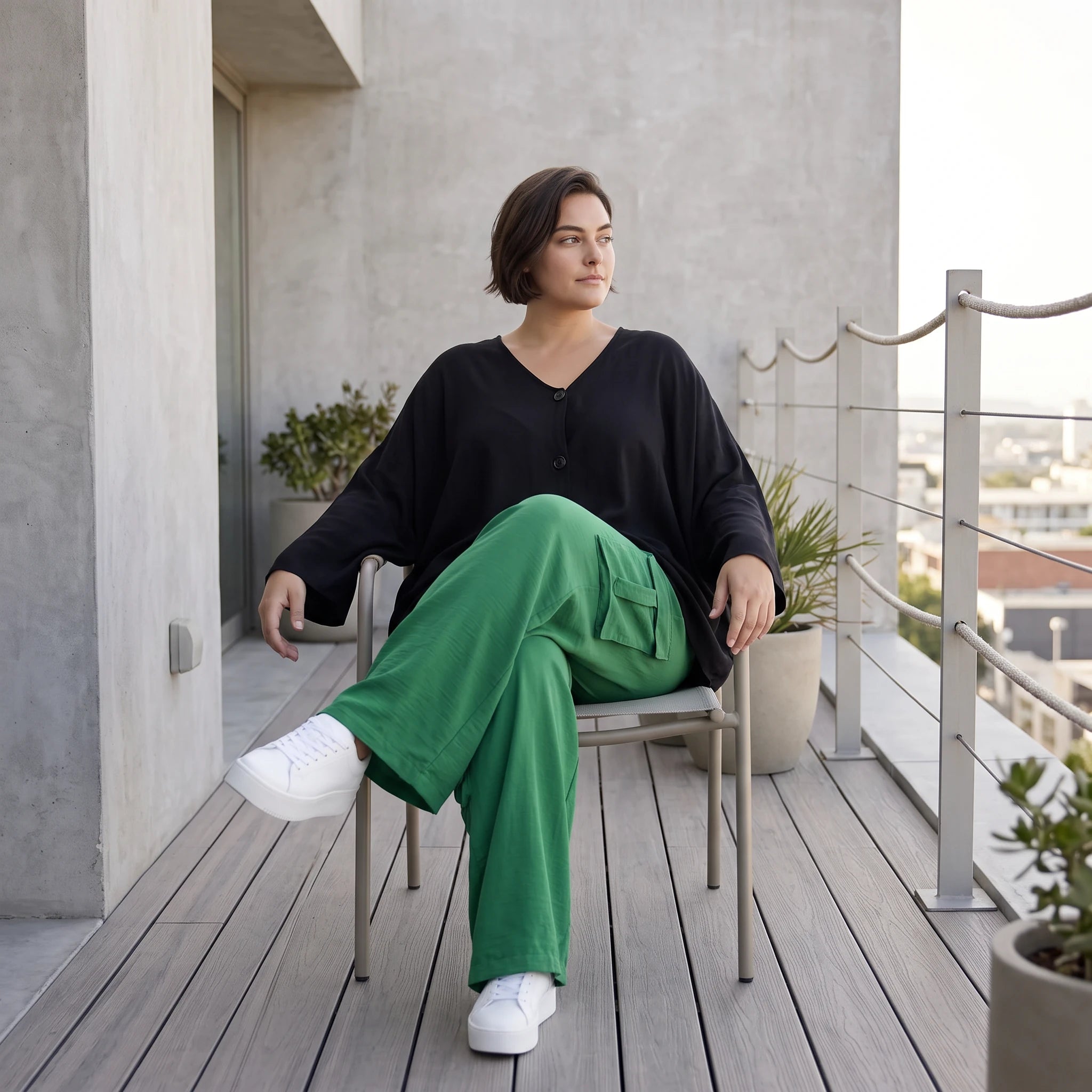 Ausgefallene Ballonhose Smaragdgrün im legeren Lagenlook Oversize leicht und zeitlos
