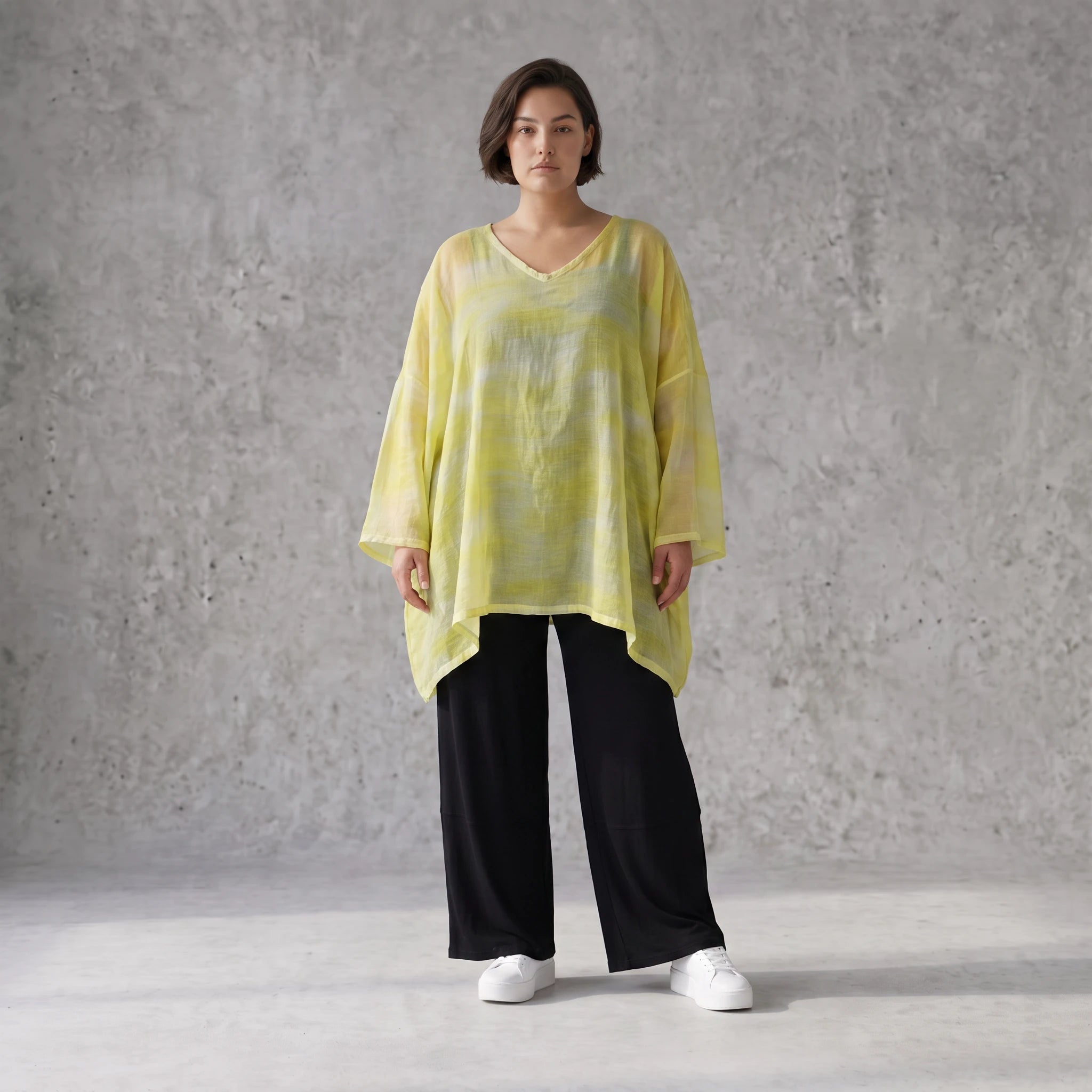 Gelb Grau Oversize Shirt im Lagenlook weich fliessend locker ausgefallen modern zeitlos