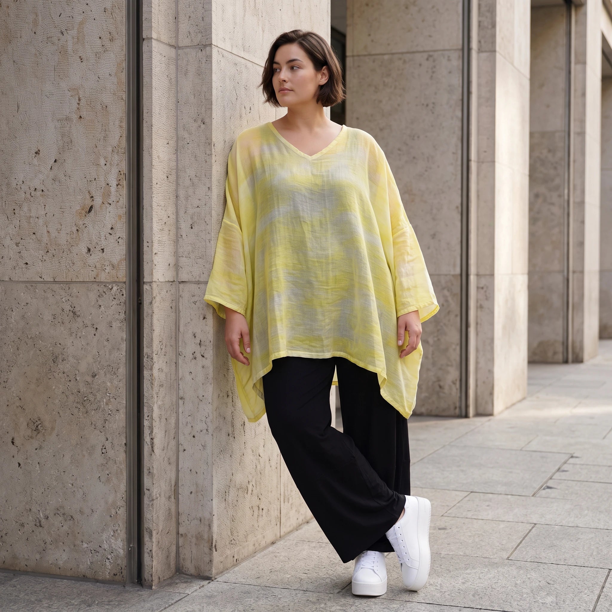 Gelb Grau Oversize Shirt im Lagenlook weich fliessend locker ausgefallen modern zeitlos