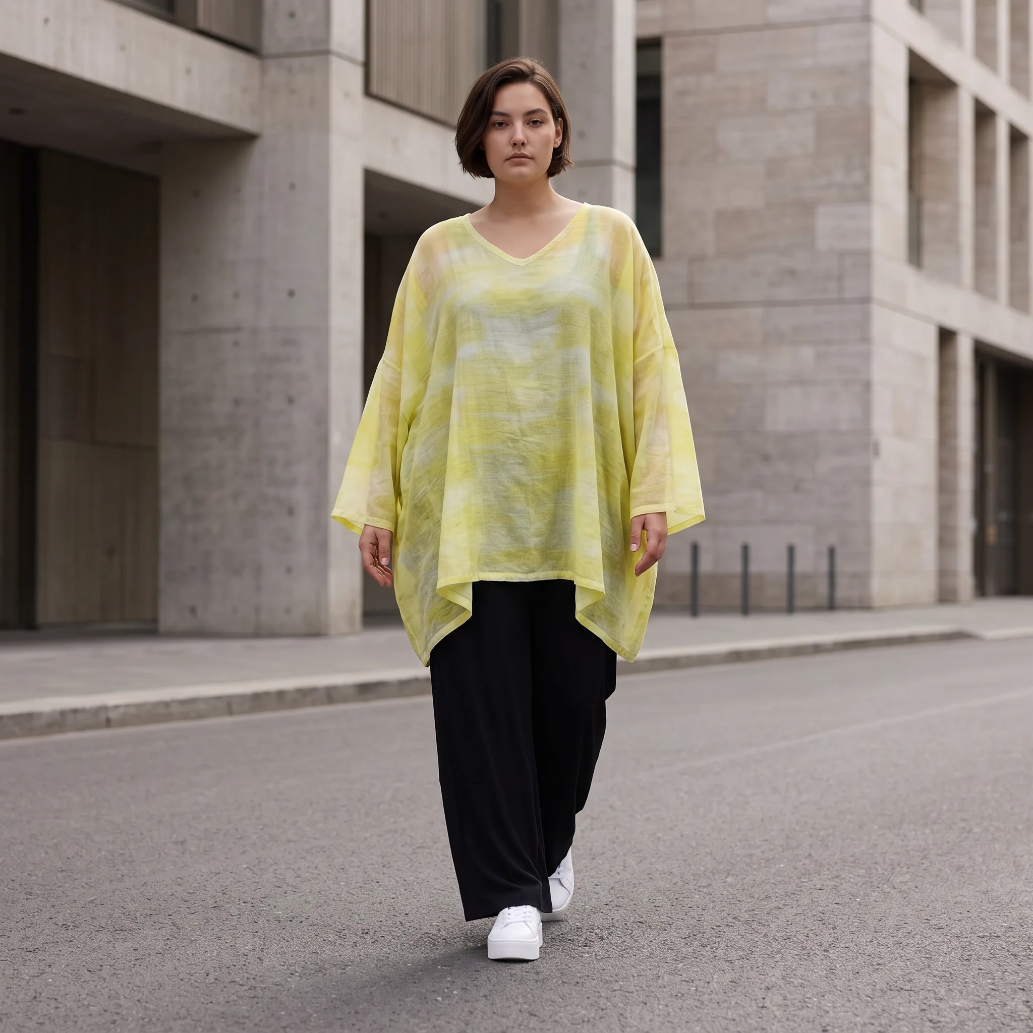 Gelb Grau Oversize Shirt im Lagenlook weich fliessend locker ausgefallen modern zeitlos