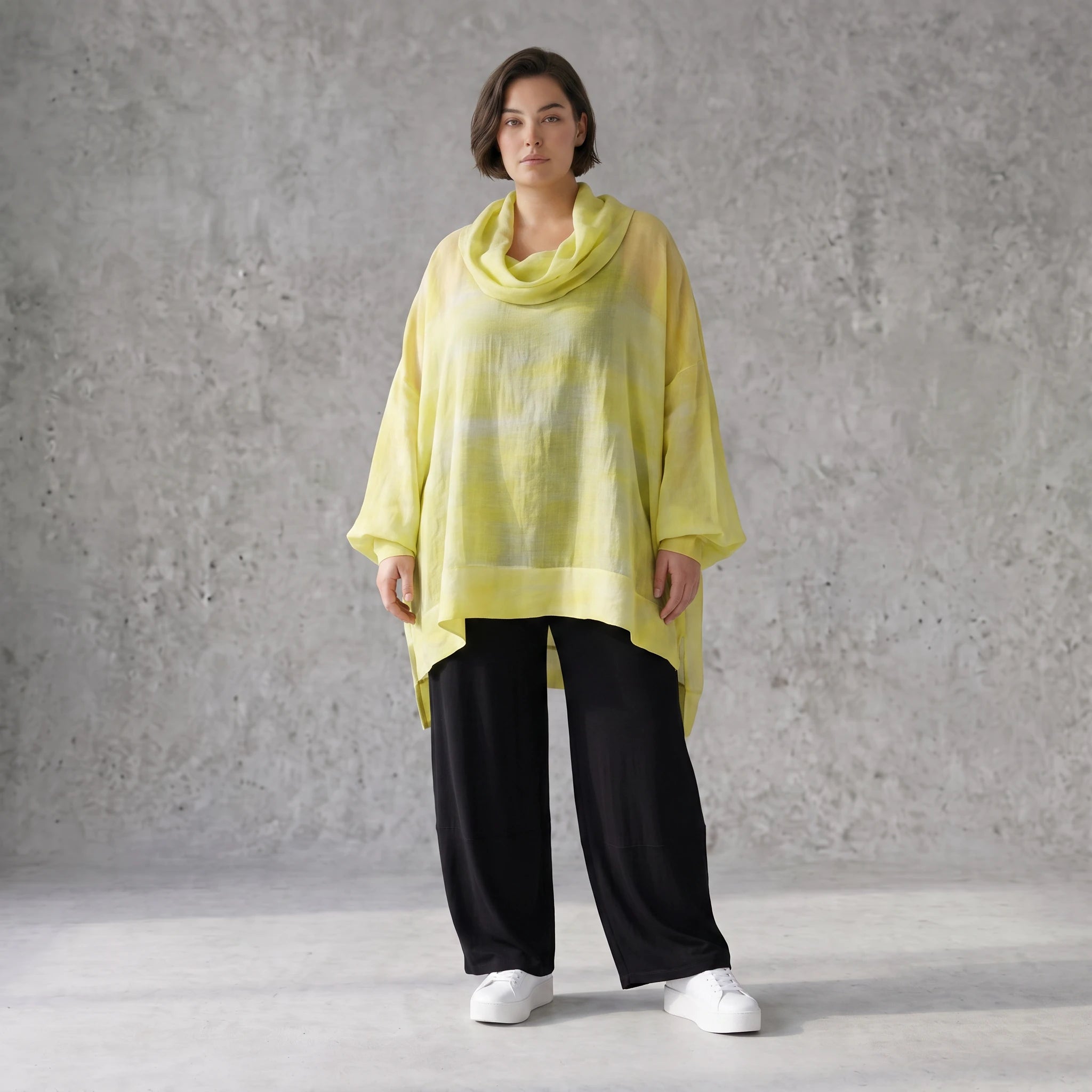 Gelb Grau Oversize Lagenlook Shirt mit Crashstruktur asymmetrisch leger zeitlos softfeel