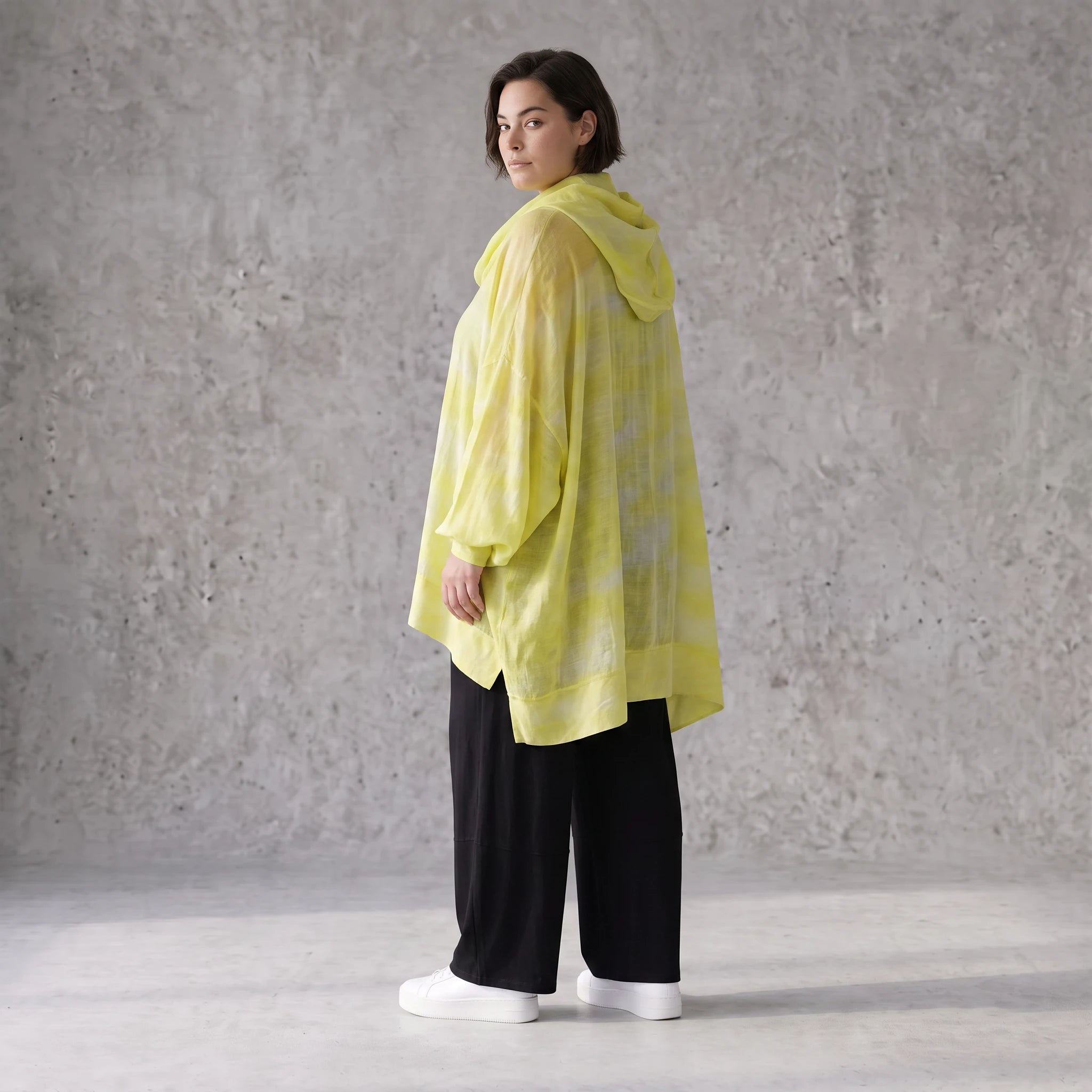Gelb Grau Oversize Lagenlook Shirt mit Crashstruktur asymmetrisch leger zeitlos softfeel