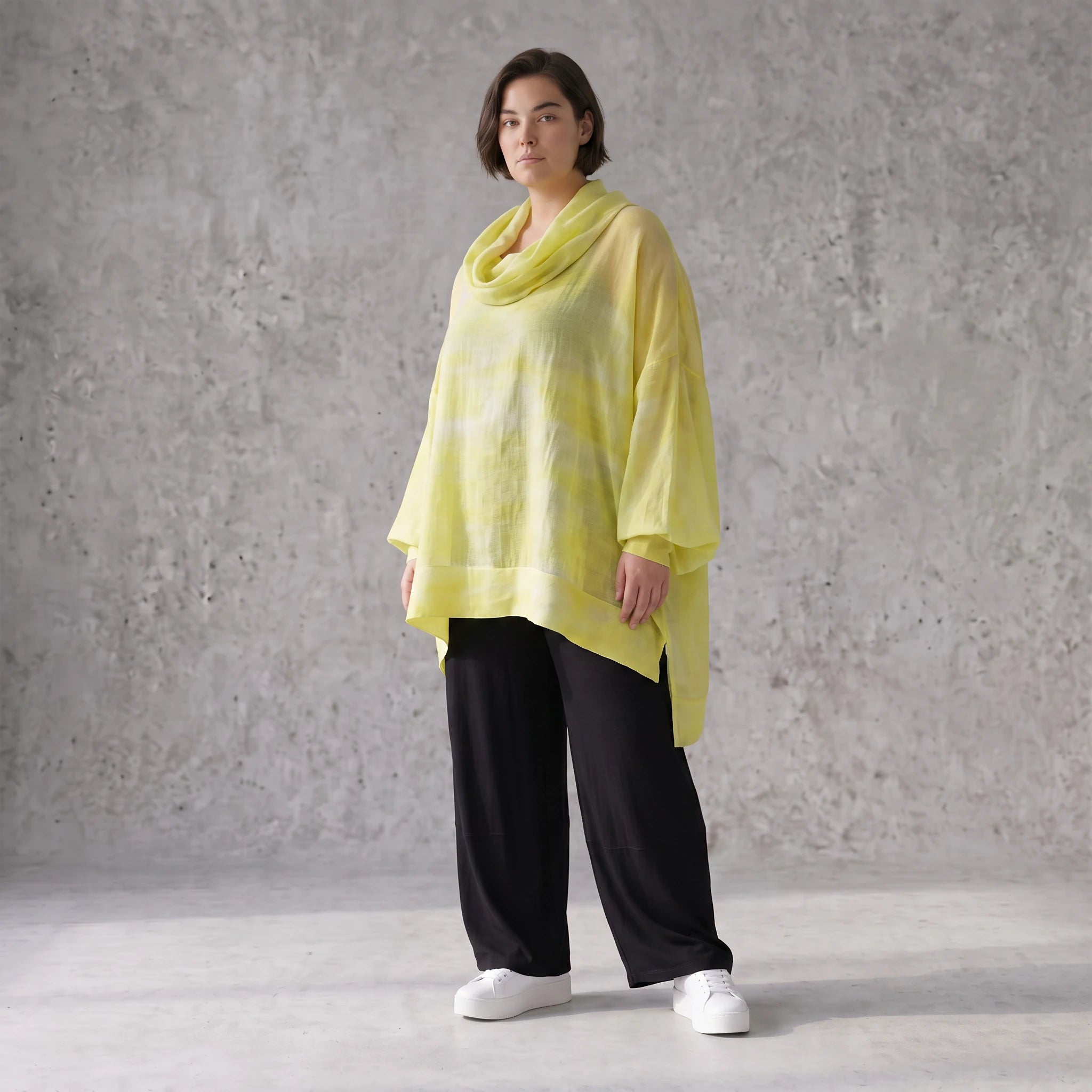 Gelb Grau Oversize Lagenlook Shirt mit Crashstruktur asymmetrisch leger zeitlos softfeel