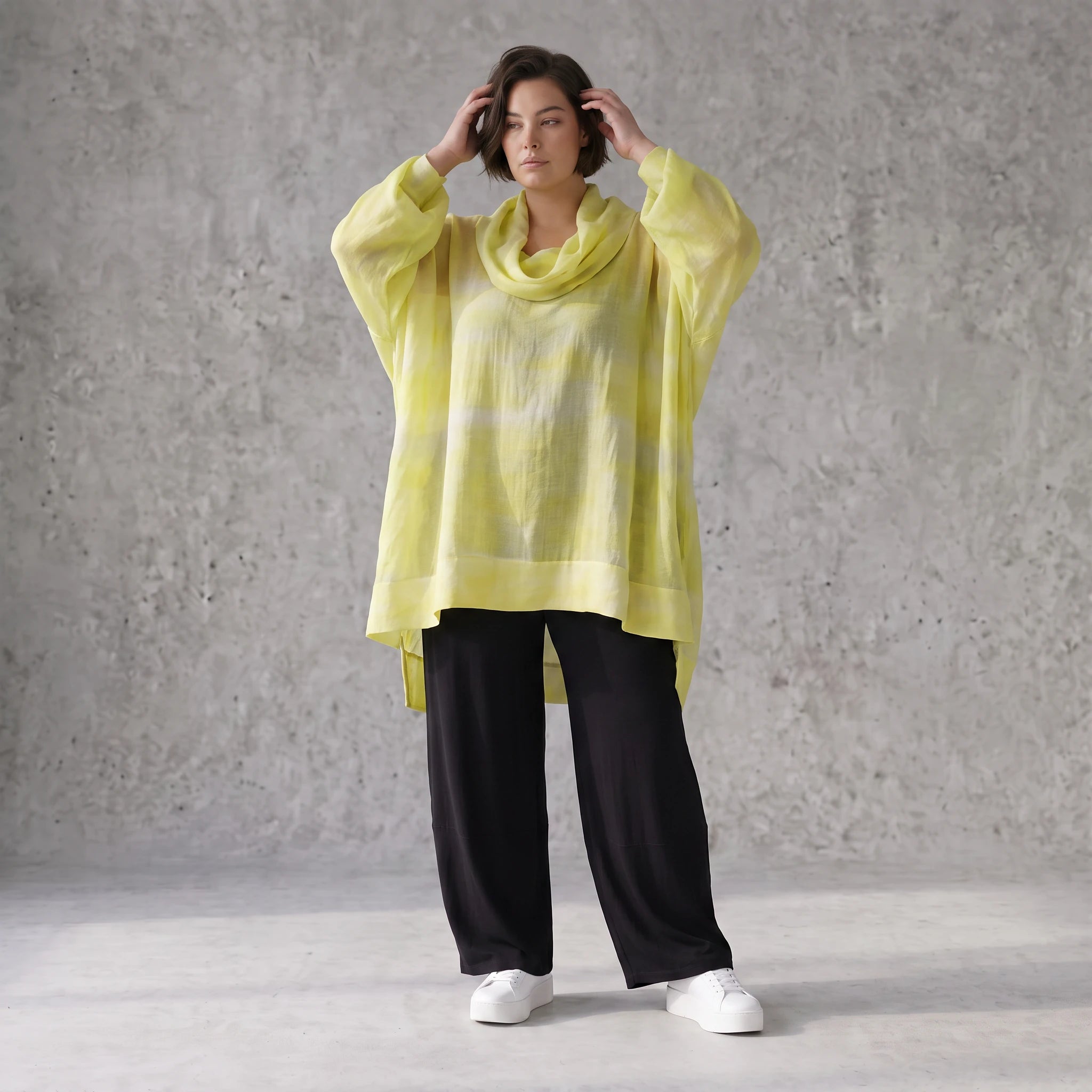 Gelb Grau Oversize Lagenlook Shirt mit Crashstruktur asymmetrisch leger zeitlos softfeel