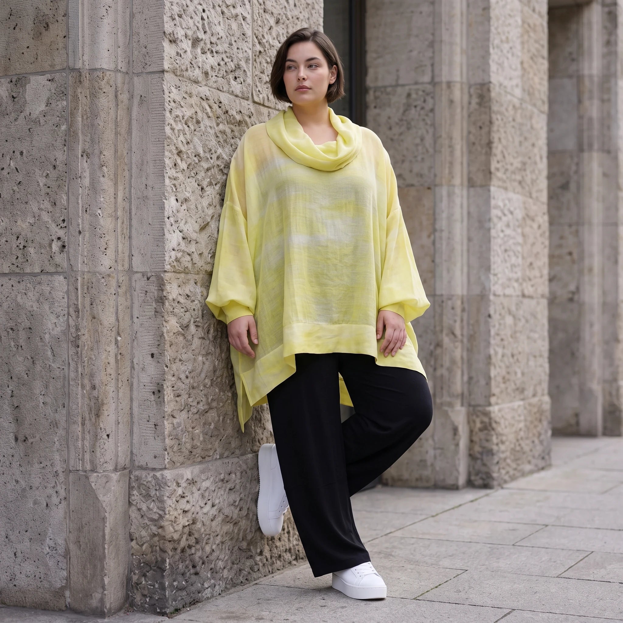 Gelb Grau Oversize Lagenlook Shirt mit Crashstruktur asymmetrisch leger zeitlos softfeel