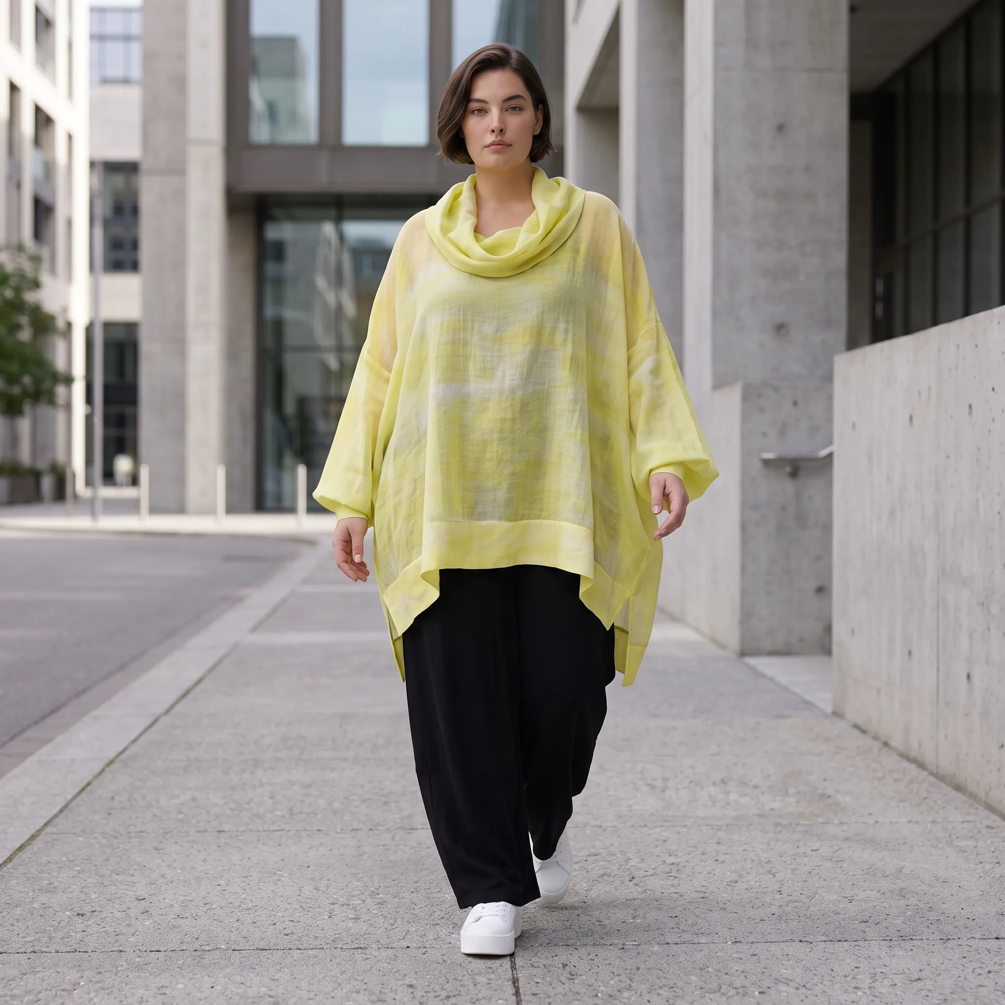 Gelb Grau Oversize Lagenlook Shirt mit Crashstruktur asymmetrisch leger zeitlos softfeel