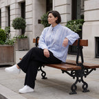 Leichte sommerliche Oversize Jacke in Jeansblau Weiß mit Crash Look für zeitlosen Lagenlook