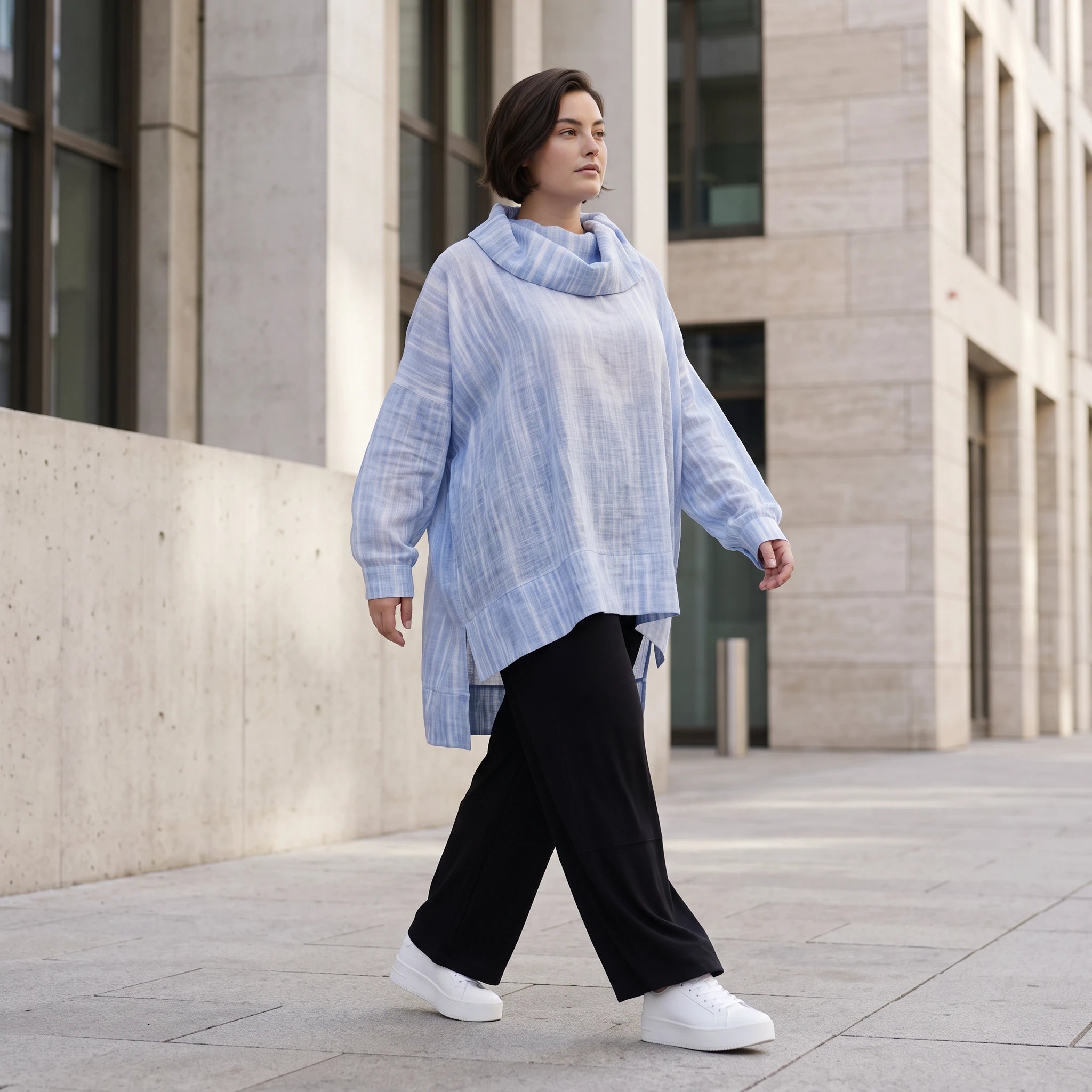 Leichtes Lagenlook Shirt in Jeansblau Weiß mit Crashoptik Oversize asymmetrischem Saum