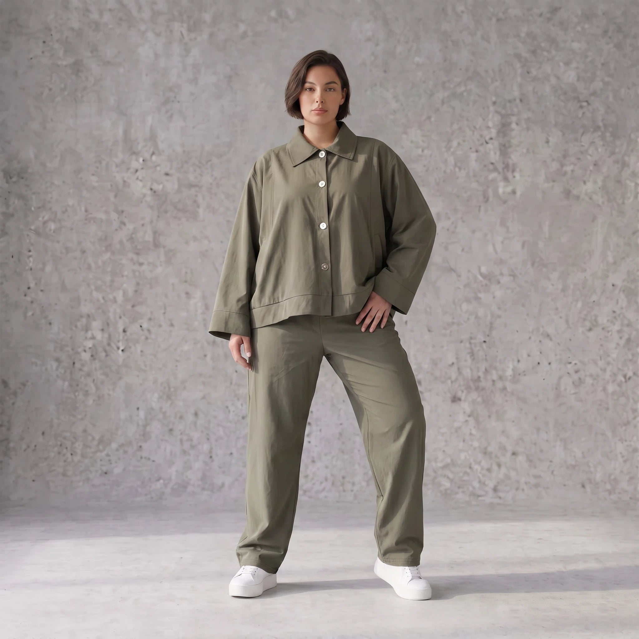 Khakifarbene Bengaline Karottenhose mit Stretch elastischem Bund und Reißverschlusstaschen