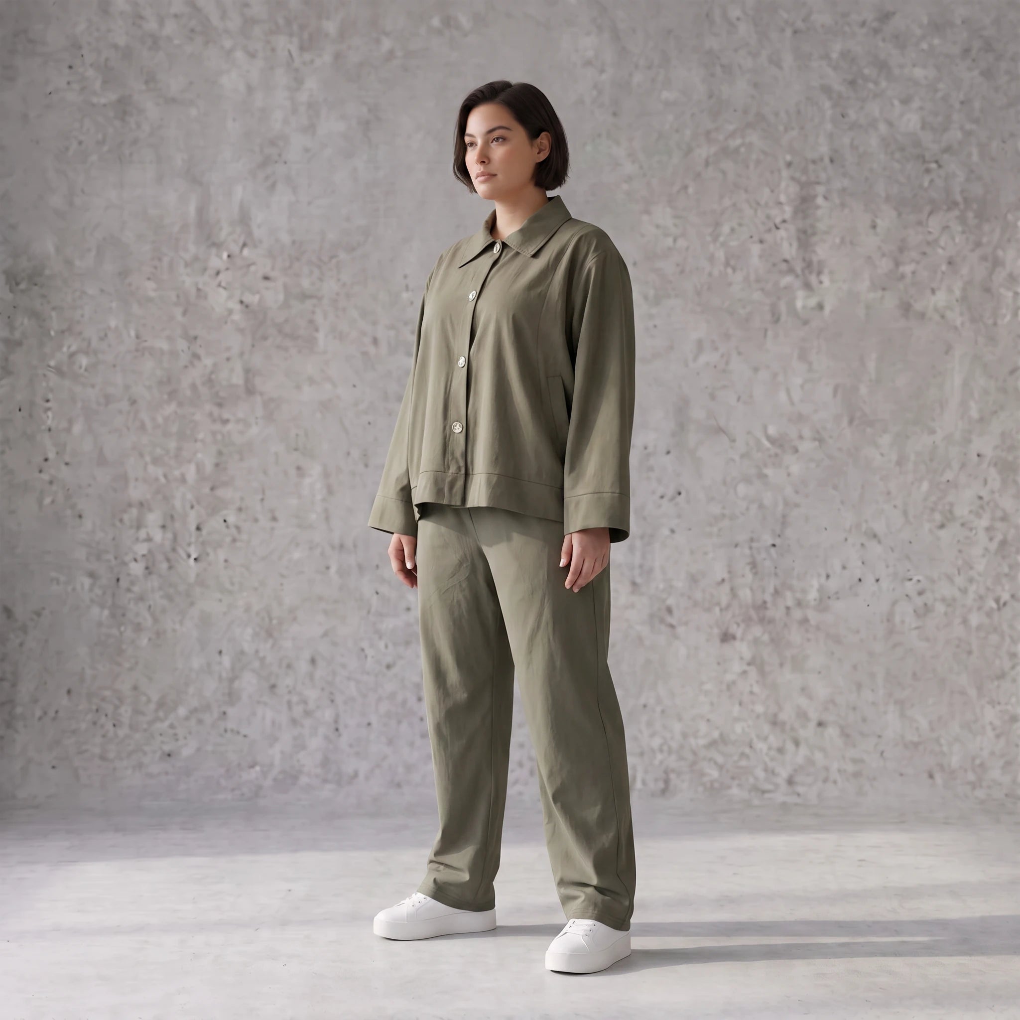 Khakifarbene Bengaline Karottenhose mit Stretch elastischem Bund und Reißverschlusstaschen