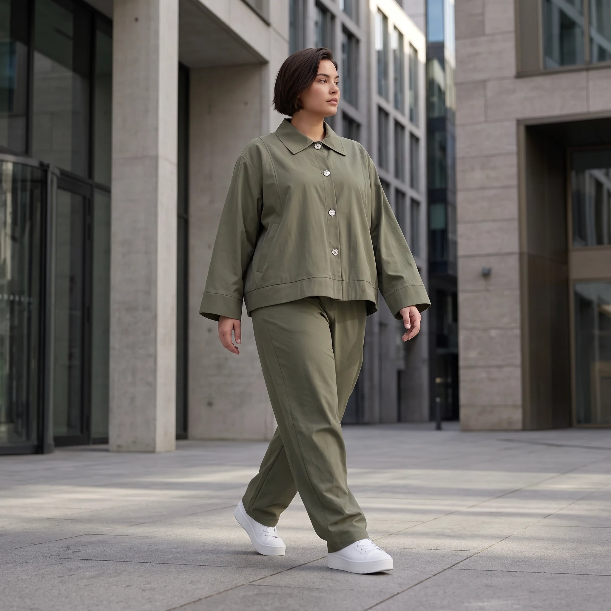 Khakifarbene Bengaline Karottenhose mit Stretch elastischem Bund und Reißverschlusstaschen