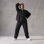 Schwarze Bengaline Karottenhose mit Stretch und elastischem Bund sommerlich bequem glatt