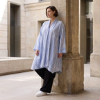 Leichter Oversize Cardigan in Jeansblau/Weiß für Lagenlook mit sehr fließender Silhouette