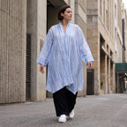 Leichter Oversize Cardigan in Jeansblau/Weiß für Lagenlook mit sehr fließender Silhouette