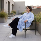 Leichter Oversize Cardigan in Jeansblau/Weiß für Lagenlook mit sehr fließender Silhouette