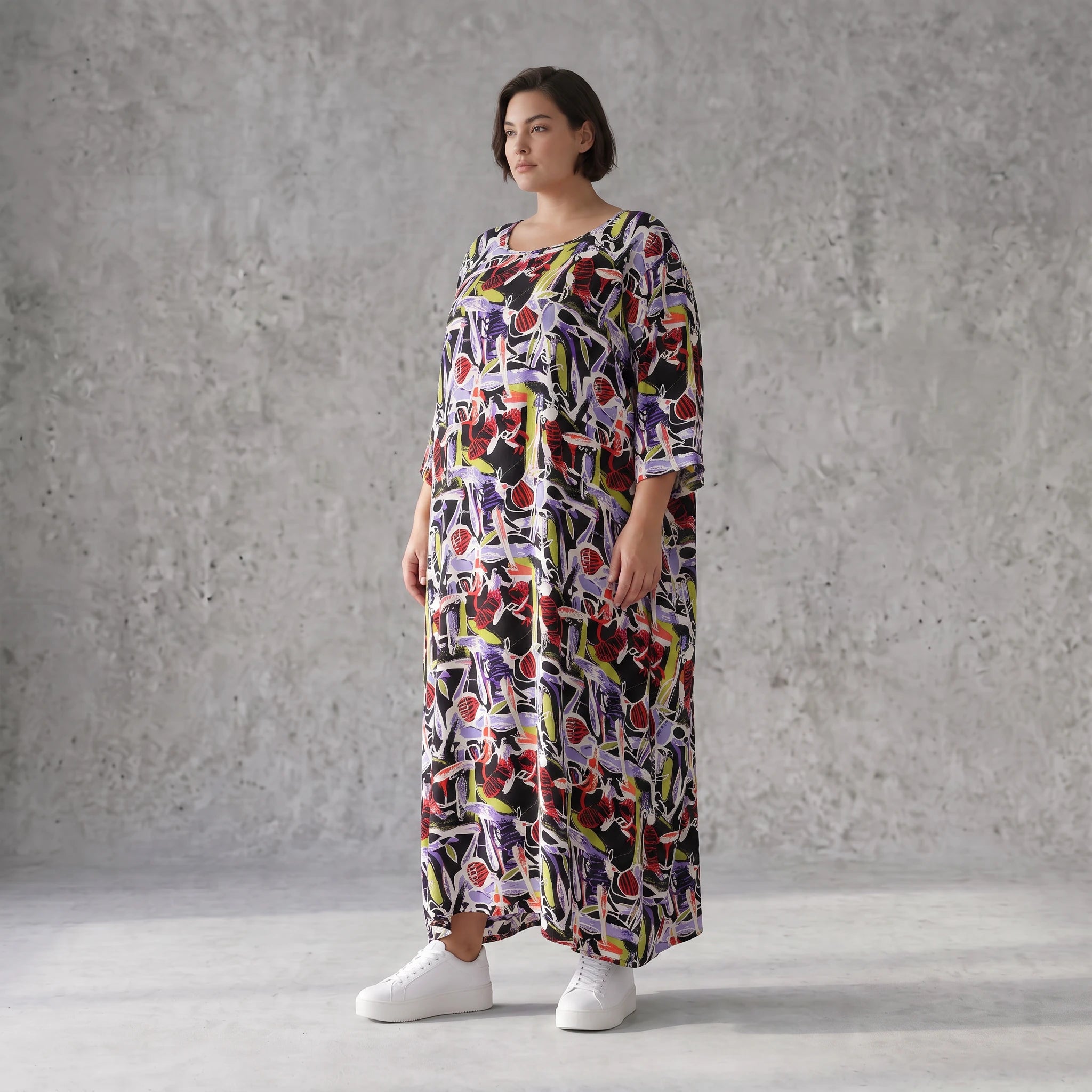 Fliessendes Ballonkleid aus Viskose in Schwarz Oliv Lila sehr leger zeitlos Oversize Look