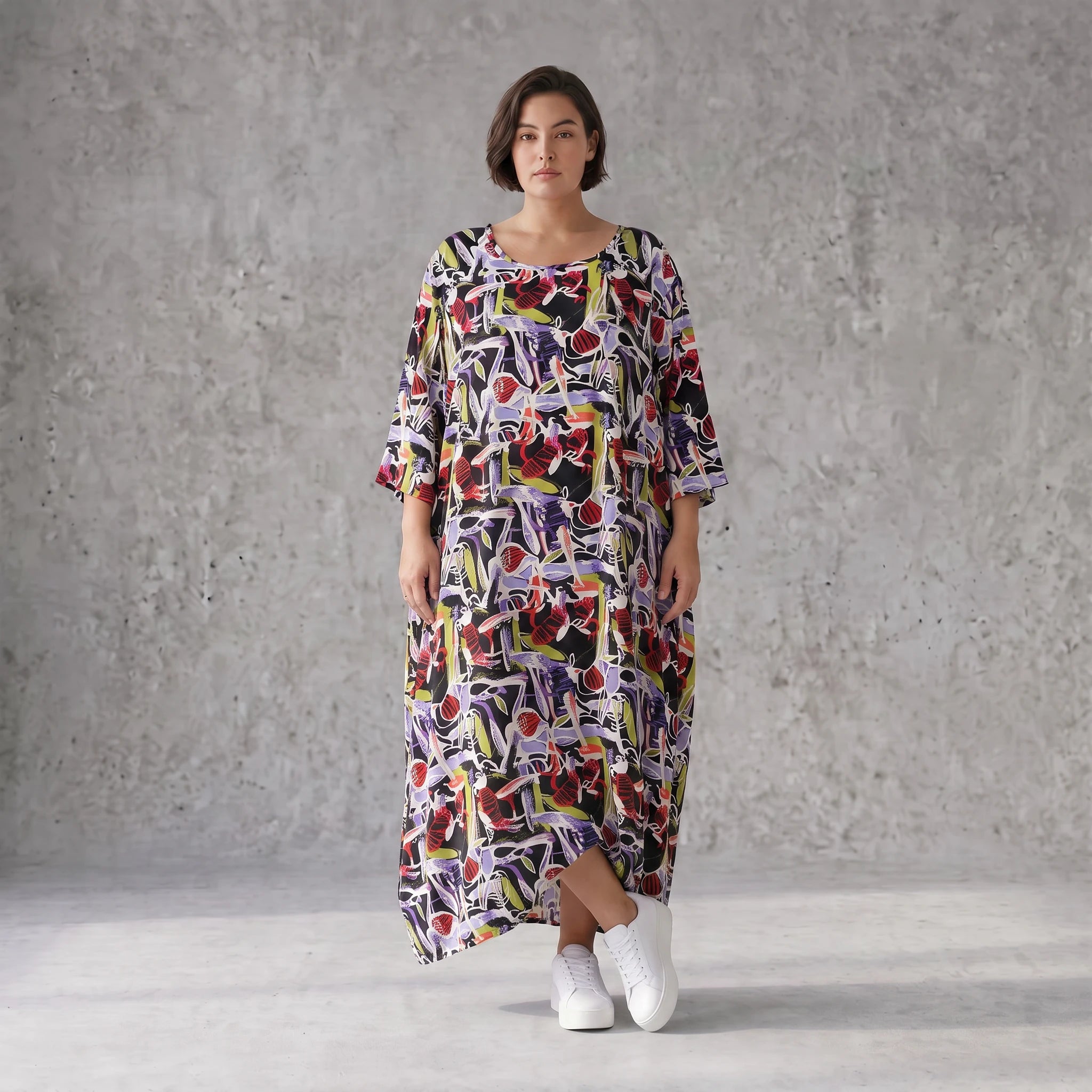 Fliessendes Ballonkleid aus Viskose in Schwarz Oliv Lila sehr leger zeitlos Oversize Look