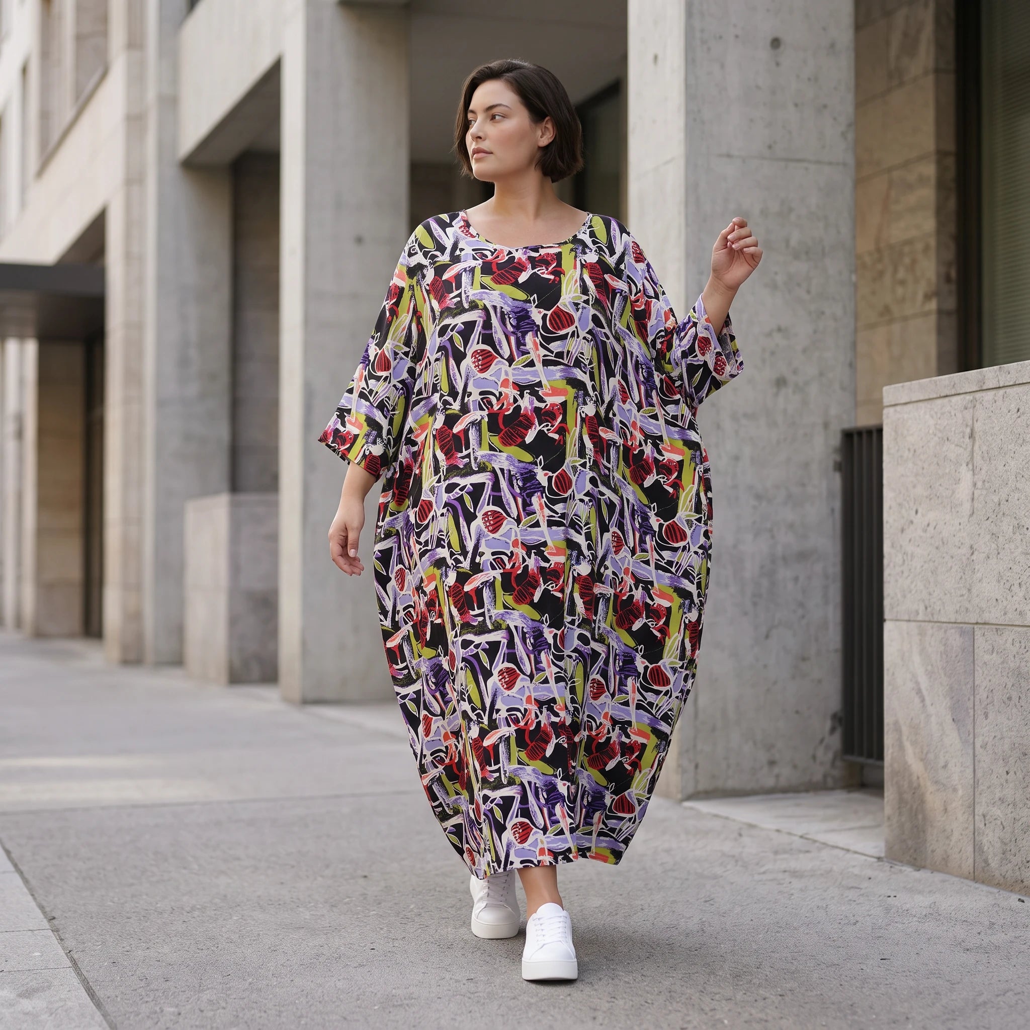 Fliessendes Ballonkleid aus Viskose in Schwarz Oliv Lila sehr leger zeitlos Oversize Look