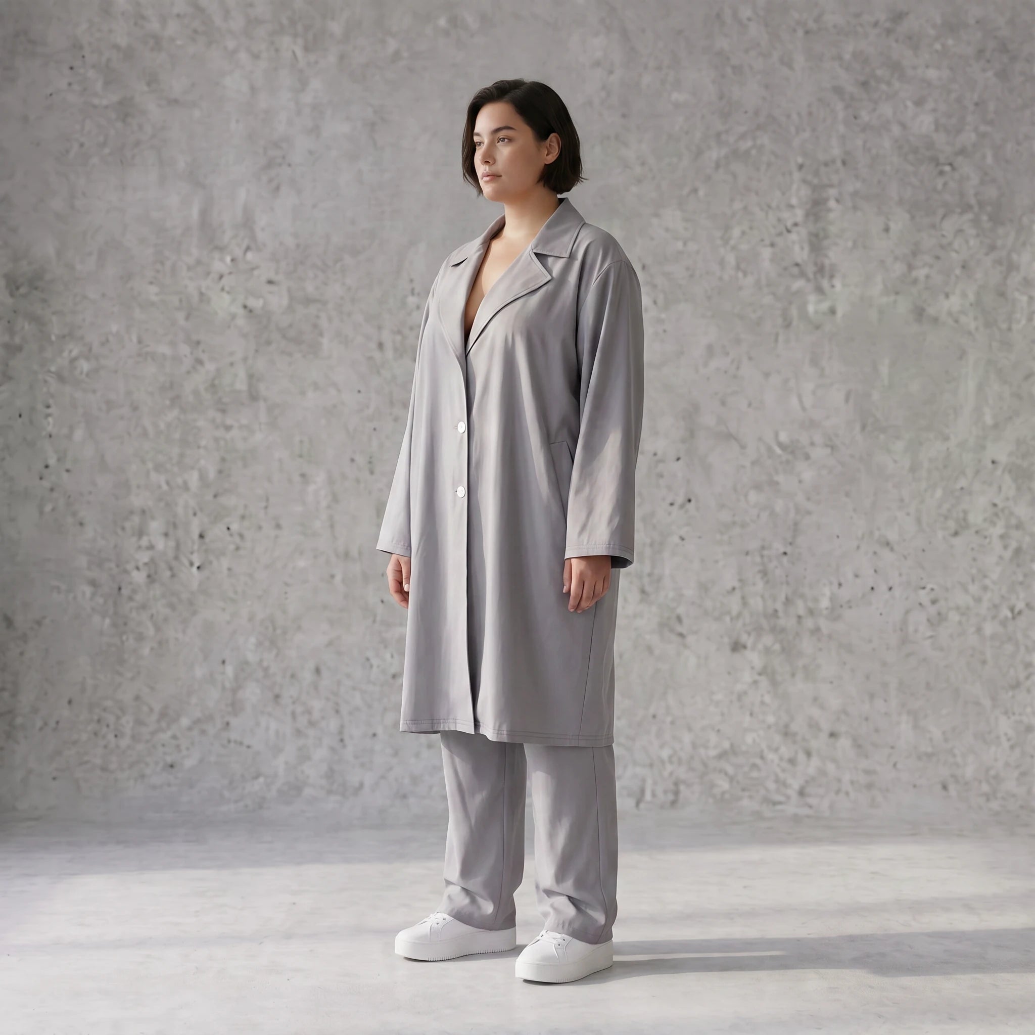 Grauer Bengaline Mantel locker oversize luftig mit Hemdkragen elastisch und zeitlos grau
