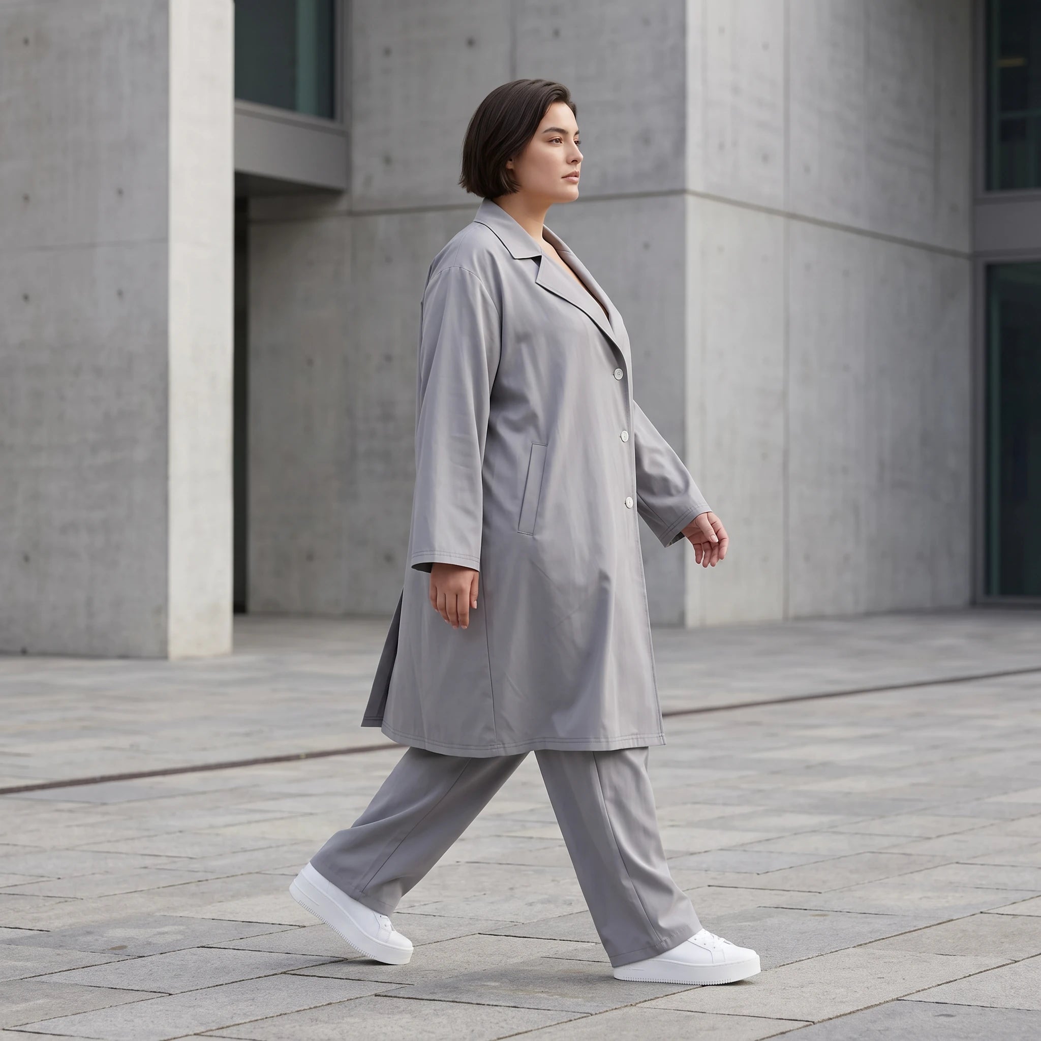 Grauer Bengaline Mantel locker oversize luftig mit Hemdkragen elastisch und zeitlos grau