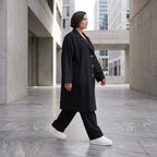 Schwarzer Oversize Mantel fliessend elastisch zeitlos leger sommerlich fuer Lagenlook