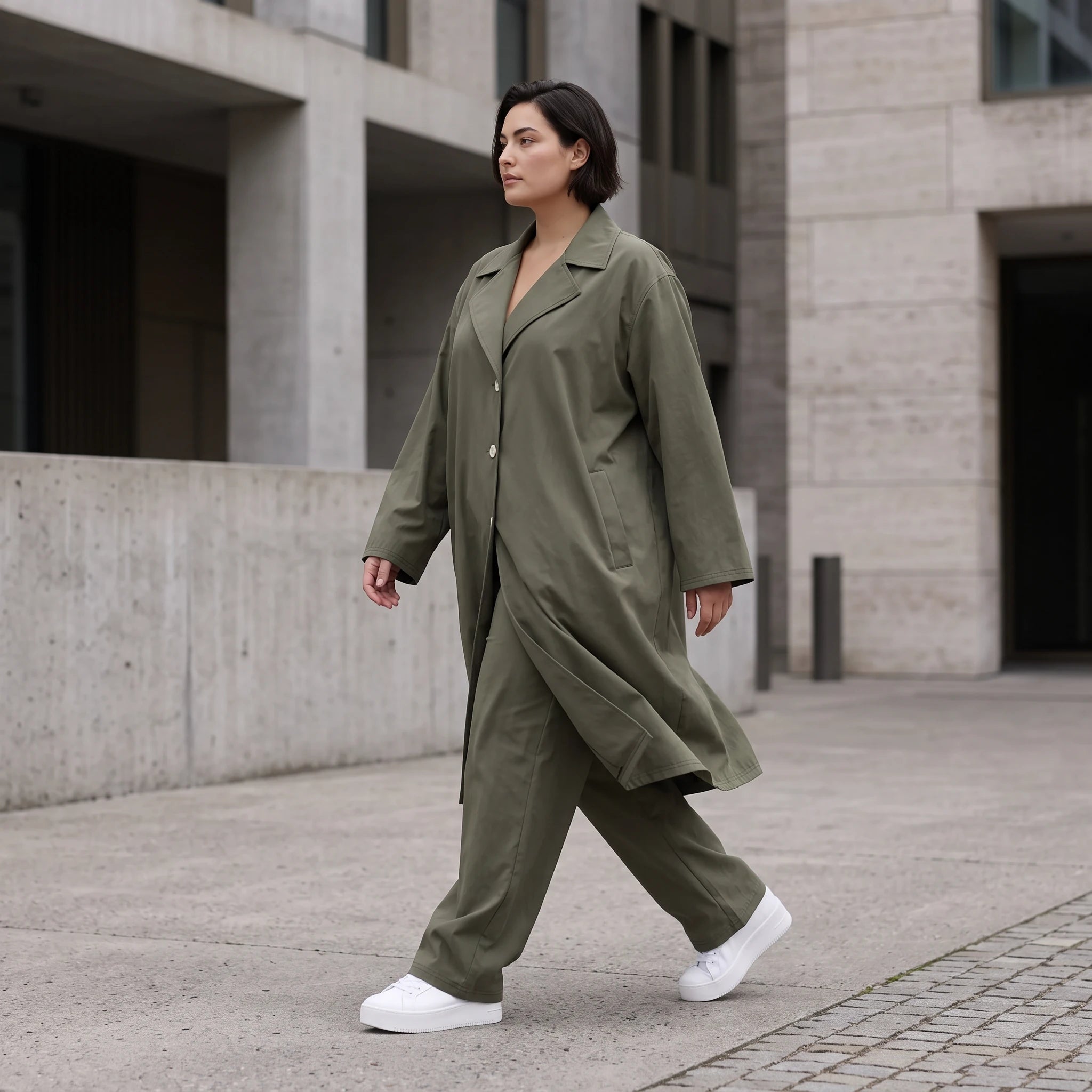 Fliessender Khaki Mantel im legeren Lagenlook mit Oversize Form zeitlos chic soft modern