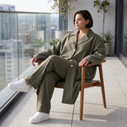 Fliessender Khaki Mantel im legeren Lagenlook mit Oversize Form zeitlos chic soft modern