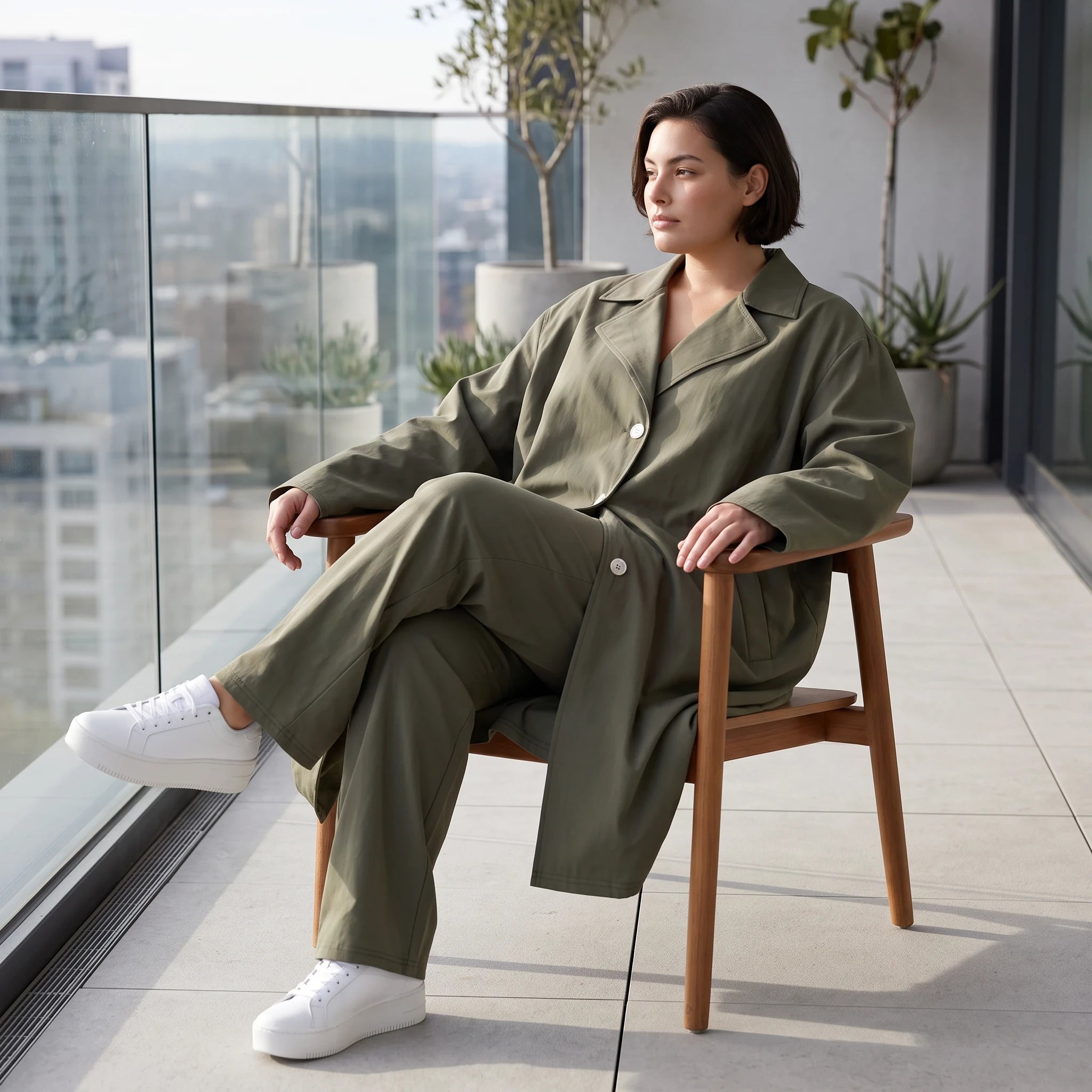 Fliessender Khaki Mantel im legeren Lagenlook mit Oversize Form zeitlos chic soft modern