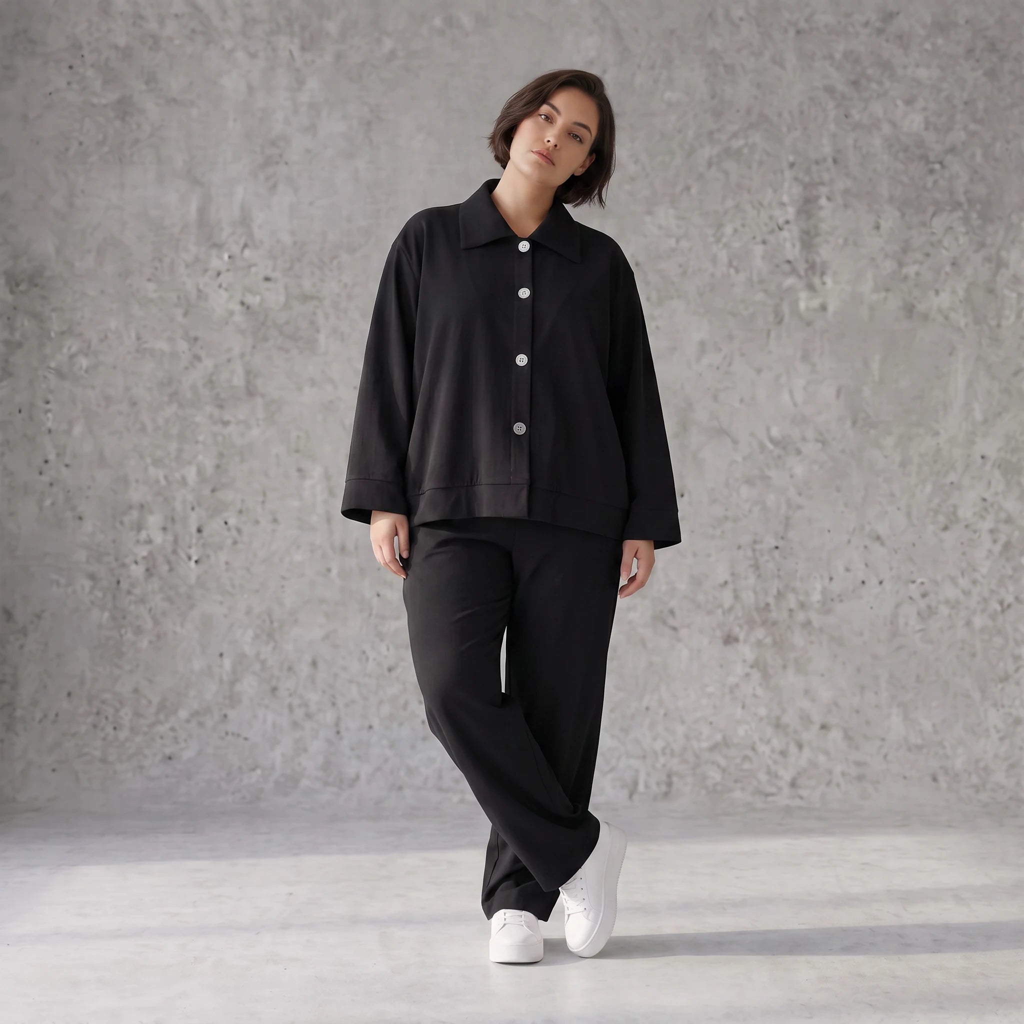 Schwarzer Oversize Blazer leger und zeitlos mit Stretchkomfort und Lagenlook cleanem Look