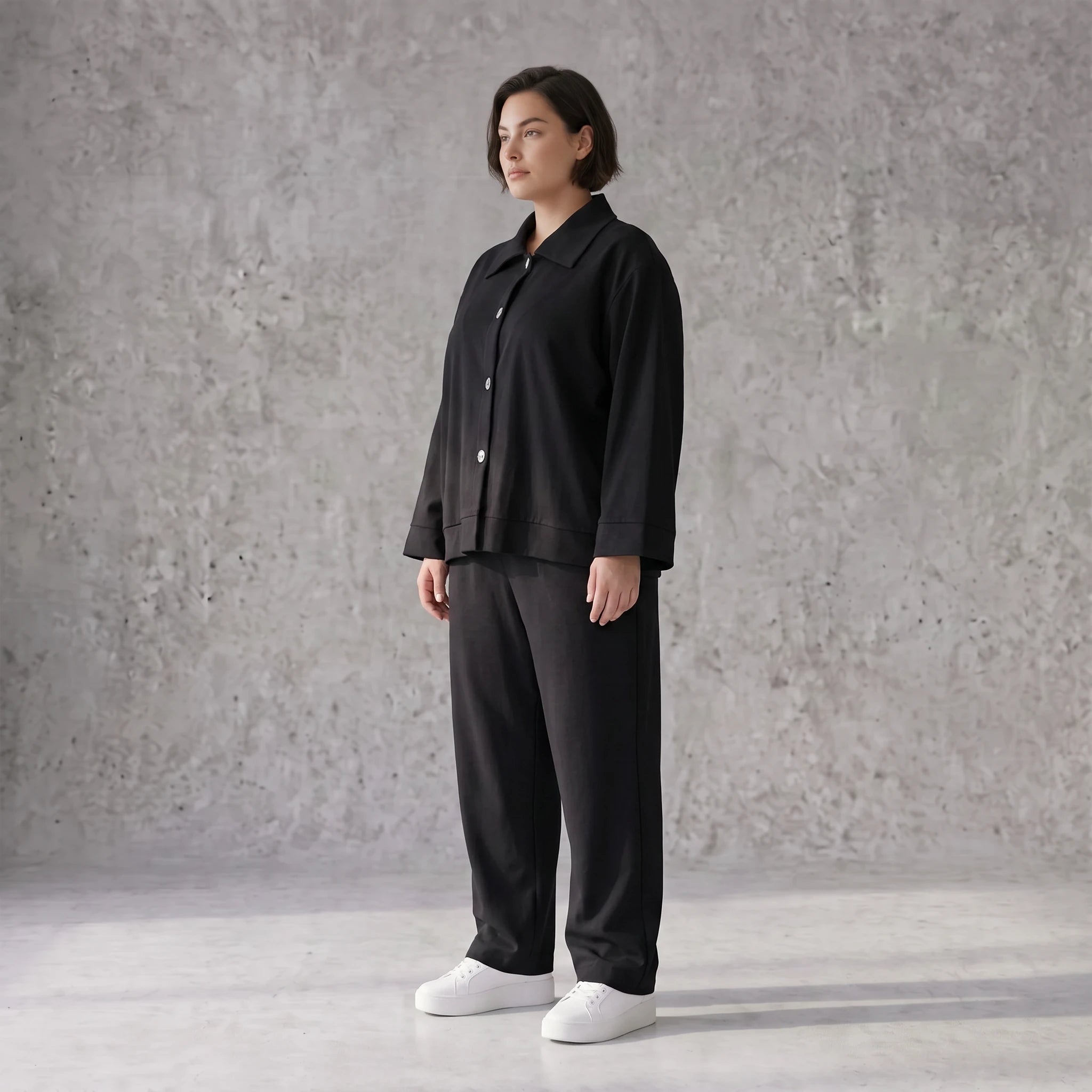 Schwarzer Oversize Blazer leger und zeitlos mit Stretchkomfort und Lagenlook cleanem Look