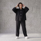 Schwarzer Oversize Blazer leger und zeitlos mit Stretchkomfort und Lagenlook cleanem Look