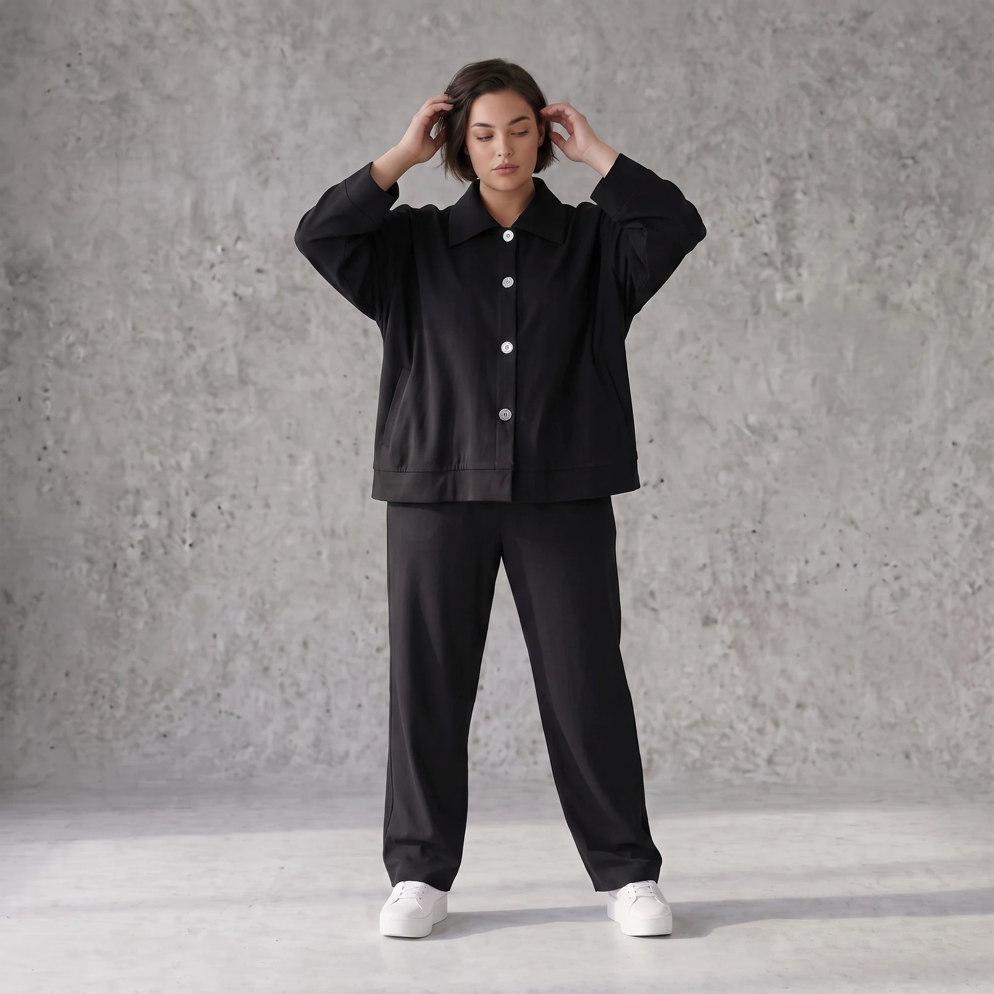 Schwarzer Oversize Blazer leger und zeitlos mit Stretchkomfort und Lagenlook cleanem Look
