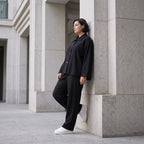 Schwarzer Oversize Blazer leger und zeitlos mit Stretchkomfort und Lagenlook cleanem Look