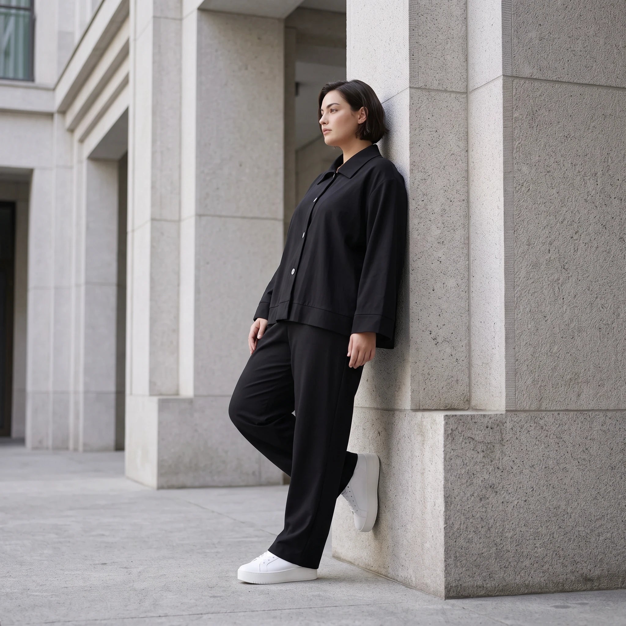 Schwarzer Oversize Blazer leger und zeitlos mit Stretchkomfort und Lagenlook cleanem Look