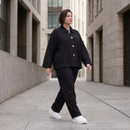 Schwarzer Oversize Blazer leger und zeitlos mit Stretchkomfort und Lagenlook cleanem Look
