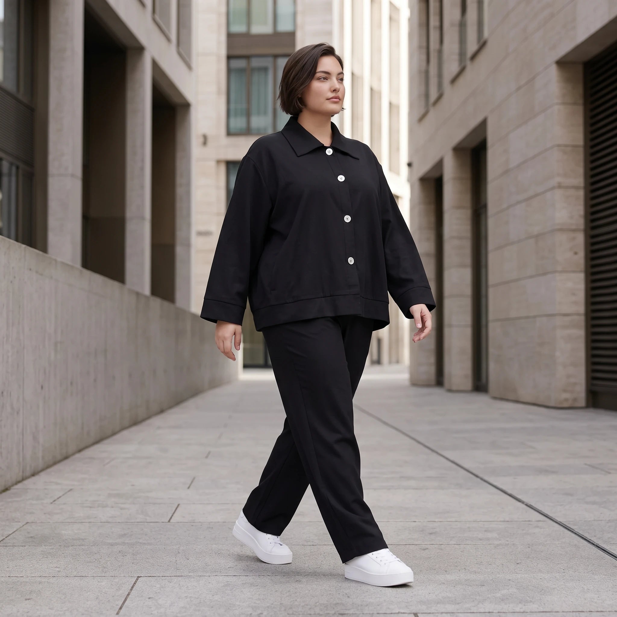 Schwarzer Oversize Blazer leger und zeitlos mit Stretchkomfort und Lagenlook cleanem Look